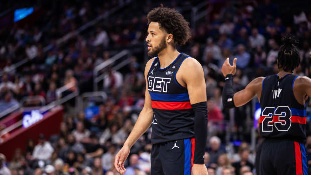 Nov 4, 2022; Detroit, Michigan, USA; Detroit Pistons guard Cade Cunningham (2) looks on in the third quarter against the Cleveland Cavaliers at Little Caesars Arena. Mandatory Credit: Allison Farrand-USA TODAY Sports